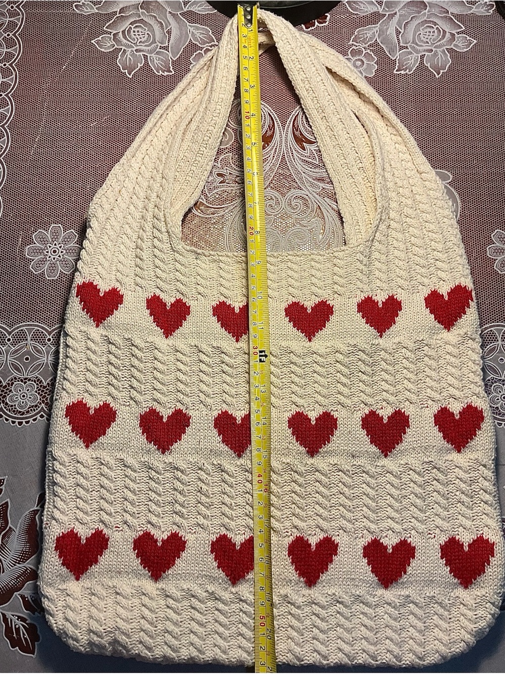 Source Unknown Cream Knit Tote with Red Heart Pattern - Picture 3 of 4